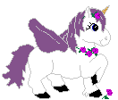 Courage, a white winged unicorn with violet mane, tail, and wings, wearing violet flowers around their neck