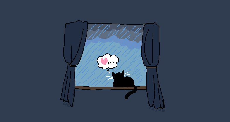 a small black cat sitting on the windowsill of an open window in a dark room, facing away from the viewer and looking out into the rainy sky. in the cat's thought bubble is a little pink heart trailed by ellipses.