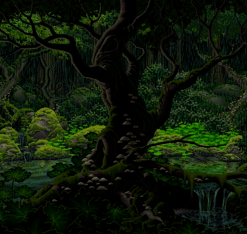 an animated pixel picture of a rainy forest. the focal point of the picture is a large tree, which is surrounded by a small stream that flows around the tree's roots on either side. mossy rocks line the water in the background.