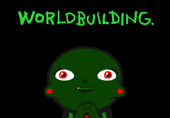 calliope from homestuck looking up blissfully with hands clasped while the word 'worldbuilding' flashes above her head in green