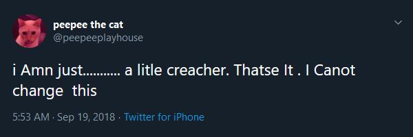 tweet from peepee the cat's twitter account peepeeplayhouse that says: i Amn just... a litle creacher. Thatse it. i Canot change this.