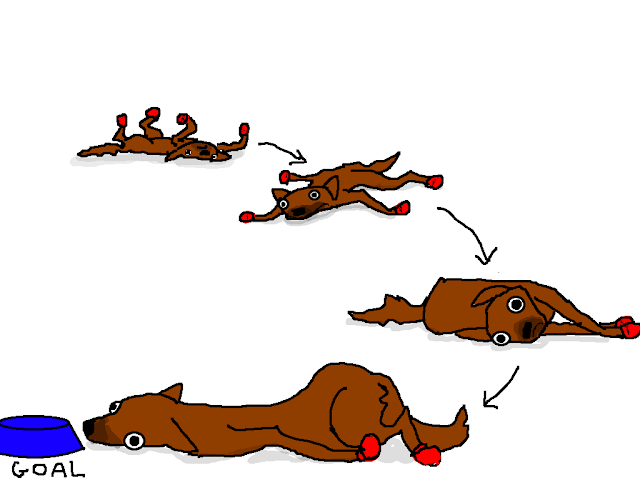 an M S Paint drawing of a brown dog wearing red sled dog booties flopping along the ground like a dying fish to its food bowl