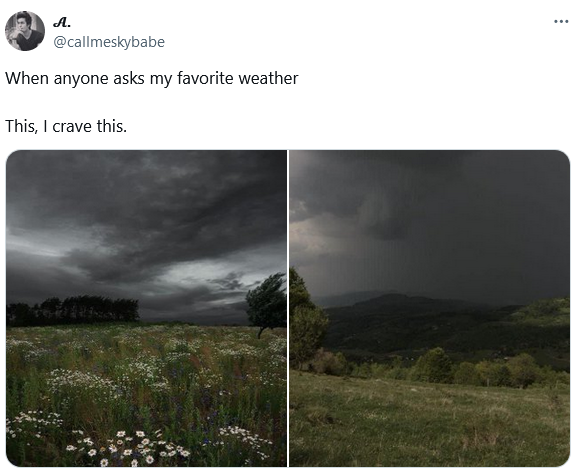 when anyone asks my favorite weather: this. i crave this. (below this are two pictures of dark, stormy clouds looming over open fields and mountains, the grass and trees swept by wind. pouring rain is seen in the distance in the second picture.)