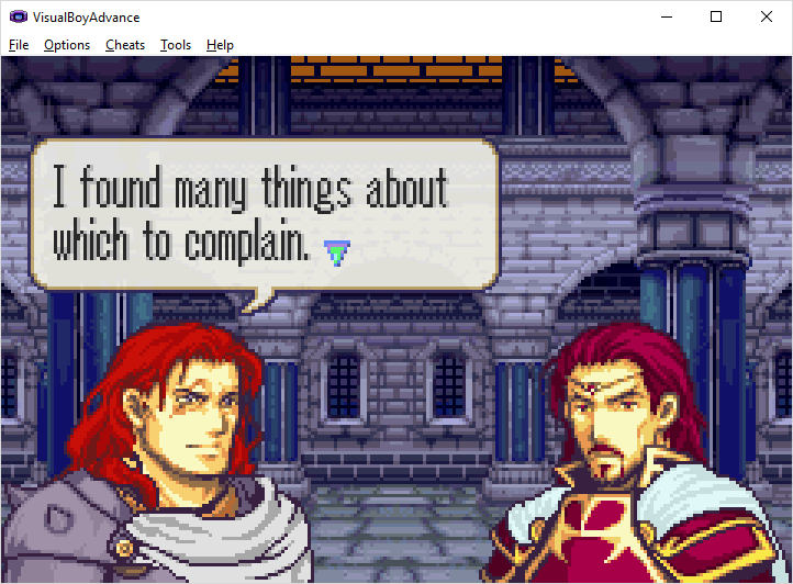 fire emblem screenshot of one character saying to the other 'i found many things about which to complain'
