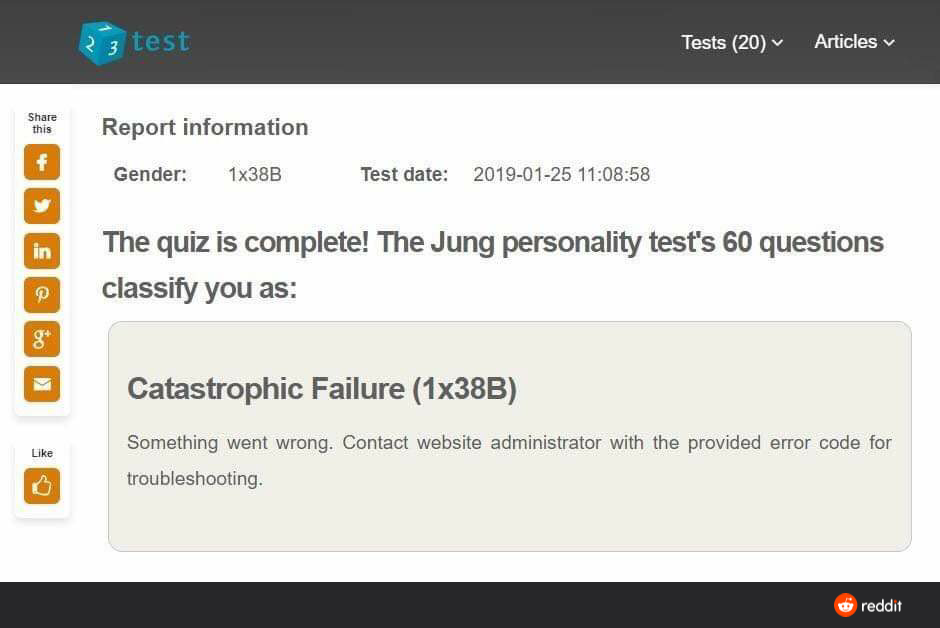 the quiz is complete! the jung personality test's 60 questions classify you as: catastrophic failure (error code 1x38b)
