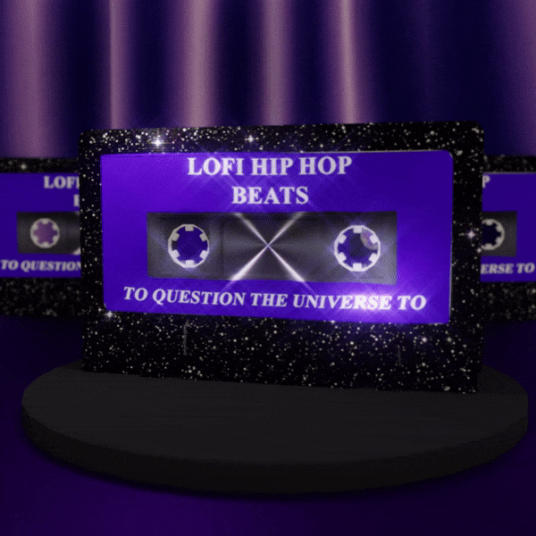 a starry black cassette tape rotating back and forth horizontally. its bright blue-violet label reads: lofi hip hop beats to question the universe to.