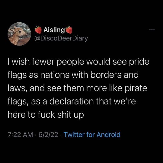 i wish fewer people would see pride flags as nations with borders and laws, and see them more like pirate flags, as a declaration that we're here to fuck shit up!