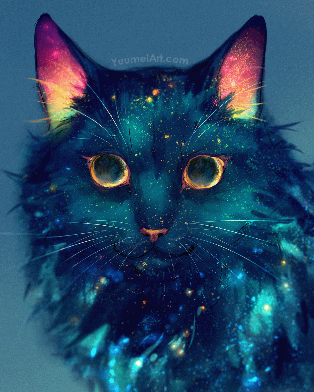 a partially transparent black space cat full of stars looks directly at the viewer, its eyes both shifting through all the phases of the moon.