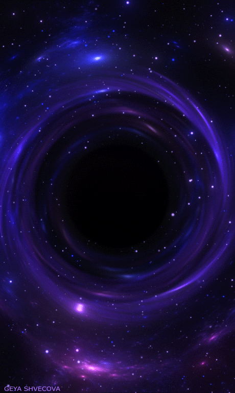 purple tinted black hole with glitter falling inward.