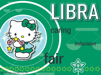 an animated gif that says 'libra' in large text with a green background and hello kitty holding a scale. beneath 'libra' in smaller text are the words 'caring', 'indecisive', and 'fair'.