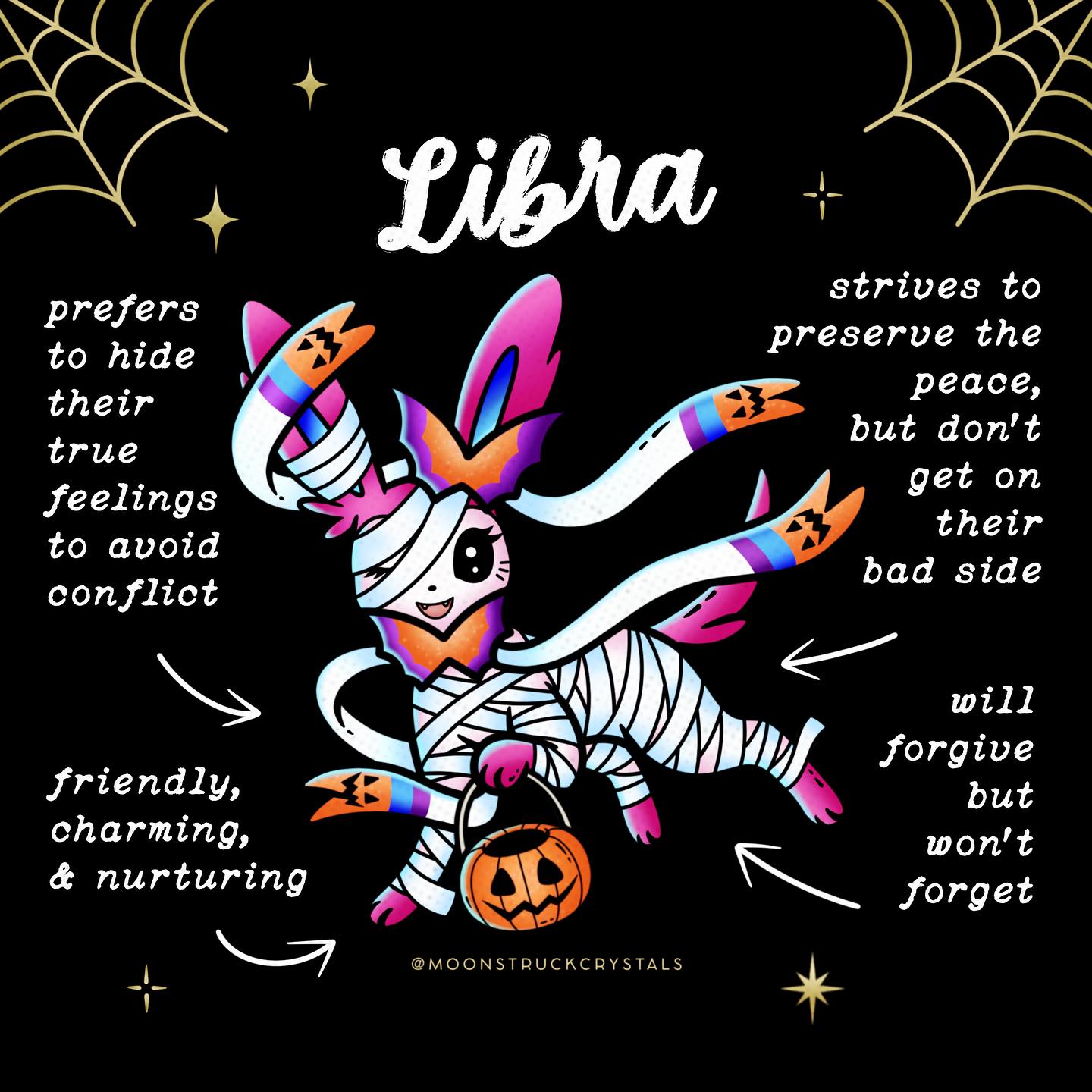 a sylveon dressed as a mummy for halloween, representing libra from a halloween-and-pokemon-themed zodiac image set by moon-struck-crystals. additional text around sylveon reads: prefers to hide their true feelings to avoid conflict. friendly, charming, and nuturing. strives to preserve the peace, but don't get on their bad side. will forgive but won't forget.
