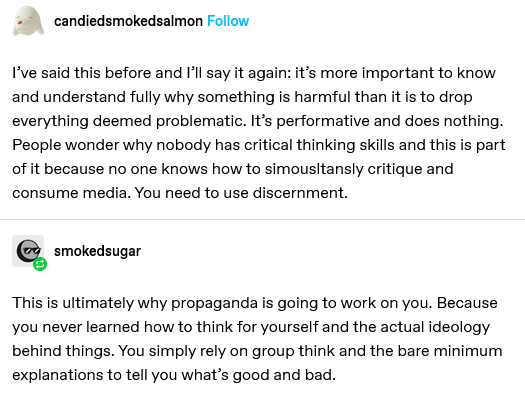 I’ve said this before and I’ll say it again: it’s more important to know and understand fully why something is harmful than it is to drop everything deemed problematic. It’s performative and does nothing. People wonder why nobody has critical thinking skills and this is part of it because no one knows how to simultaneously critique and consume media. You need to use discernment.
This is ultimately why propaganda is going to work on you. Because you never learned how to think for yourself and the actual ideology behind things. You simply rely on group think and the bare minimum explanations to tell you what’s good and bad.