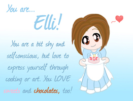 Which Harvest Moon gal are you? You are... Elli! You are a bit shy and self-conscious, but love to express yourself through cooking or art. you love sweets and chocolates, too!