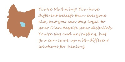 Which Medicine Cat are you? You're MothWing! You have different beliefs than everyone else, but you can stay loyal to your Clan despite your disbeliefs. You're shy and untrusting, but you can come up with a different solution for healing.
