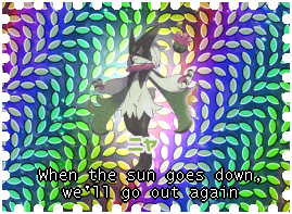 the pokémon meowscarada on a leafy patterned rainbow background with the text 'when the sun goes down, we'll go out again.'